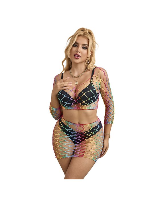 Subblime - 952440 2-Piece Fishnet Bodystocking Long Sleeve Rainbow One Size