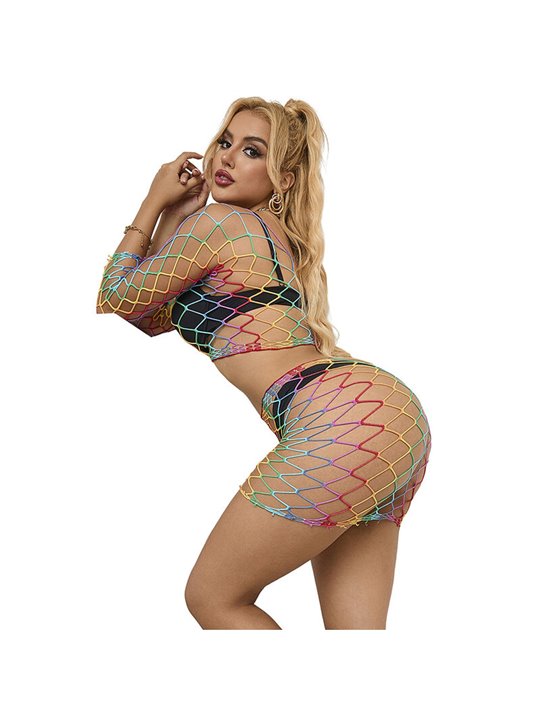 Subblime - 952440 2-Piece Fishnet Bodystocking Long Sleeve Rainbow One Size
