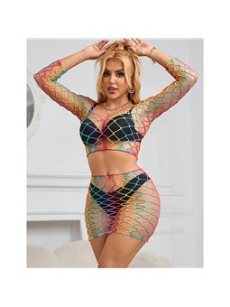Subblime - 952440 2-Piece Fishnet Bodystocking Long Sleeve Rainbow One Size
