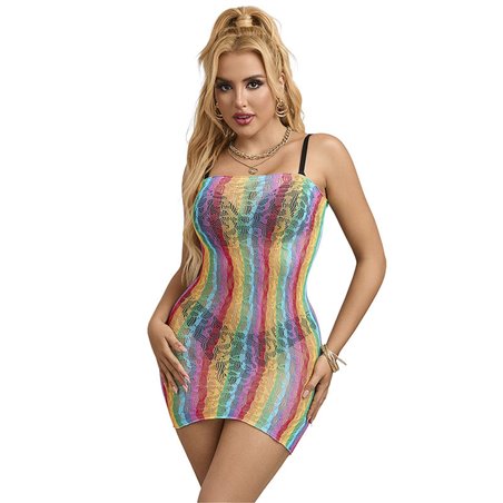 Subblime - 952457 Rainbow Off Shoulder Sleeveless Fishnet Bodystocking One Size