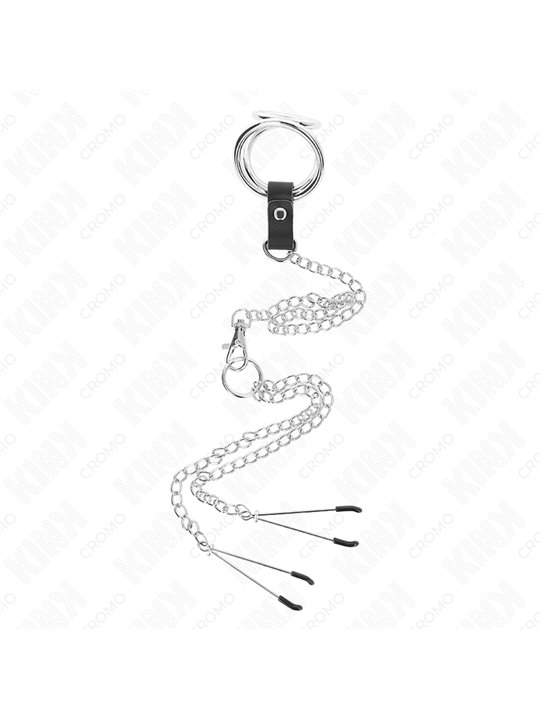 Kink - Triple Chrome Metal Penis Ring 3 Cm To 4.5 Cm With 26 Cm Metal Chain And Nipple Clips
