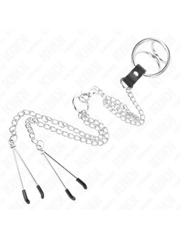 Kink - Triple Chrome Metal Penis Ring 3 Cm To 4.5 Cm With 26 Cm Metal Chain And Nipple Clips