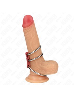 Kink - Triple Metal Penis Ring 3.7 Cm To 5 Cm Connected With Red Leather