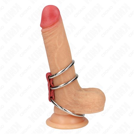 Kink - Cinturino in Pelle Rossa con 3 Anelli Fallici in Metallo 3,7-5 Cm