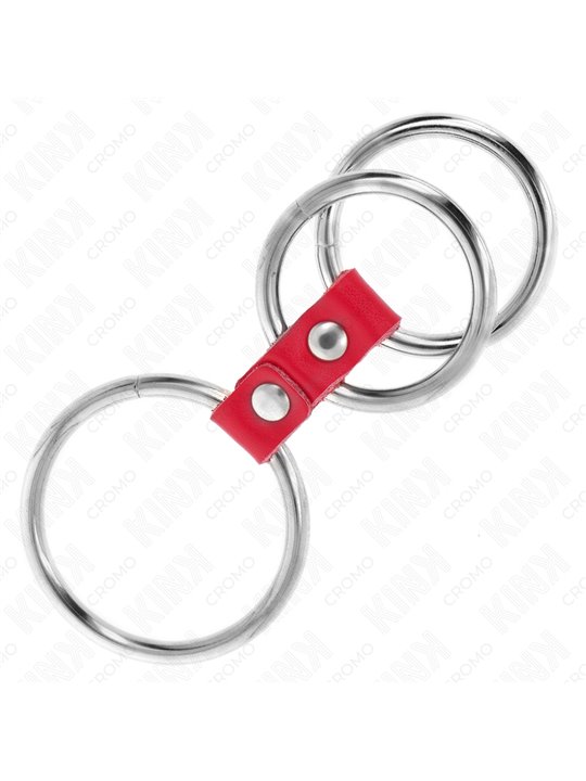 Kink - Cinturino in Pelle Rossa con 3 Anelli Fallici in Metallo 3,7-5 Cm