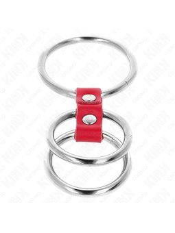 Kink - Triple Metal Penis Ring 3.7 Cm To 5 Cm Connected With Red Leather