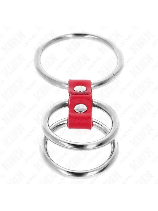 Kink - Cinturino in Pelle Rossa con 3 Anelli Fallici in Metallo 3,7-5 Cm