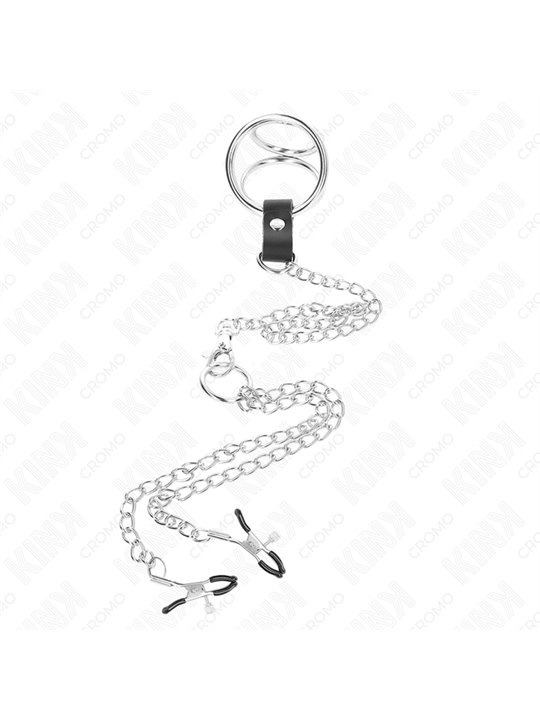 Kink - Triplo Anello Fallico 3,8-5 Cm con Catena 26 Cm e Morsetti per Capezzoli Mod. 1