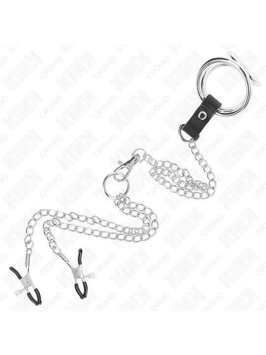 Kink - Triple Chrome Metal Penis Ring 3 Cm To 4.5 Cm With 26 Cm Metal Chain And Nipple Clips