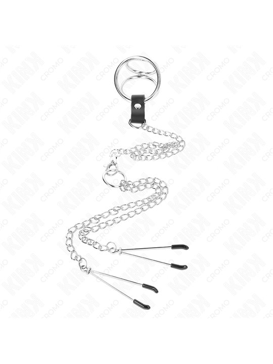Kink - Triple Chrome Metal Penis Ring 3.8 Cm To 5 Cm With 26 Cm Metal Chain And Nipple Clamps Model 2