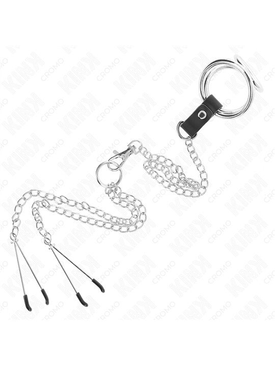 Kink - Triple Chrome Metal Penis Ring 3.8 Cm To 5 Cm With 26 Cm Metal Chain And Nipple Clamps Model 2