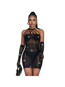 Subblime - 952235 Fishnet Bodystocking With Rhinestones And Black Gloves One Size