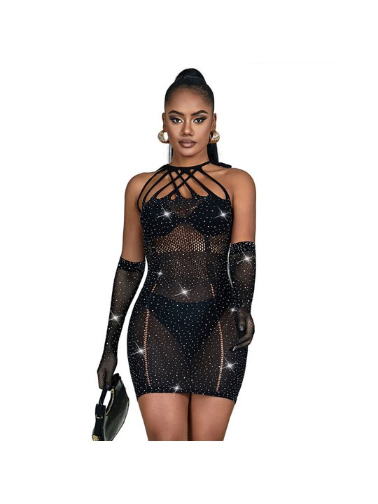 Subblime - 952235 Fishnet Bodystocking With Rhinestones And Black Gloves One Size