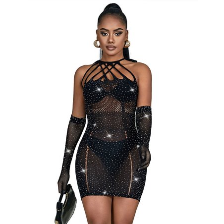 Subblime - 952235 Fishnet Bodystocking With Rhinestones And Black Gloves One Size