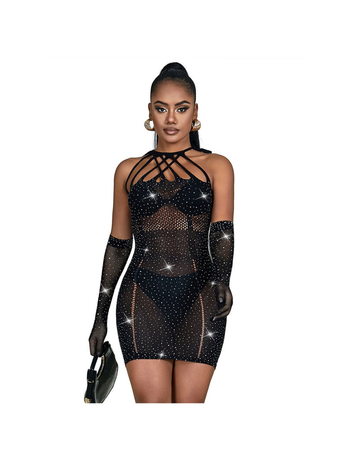 Subblime - 952235 Fishnet Bodystocking With Rhinestones And Black Gloves One Size