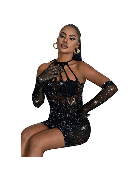 Subblime - 952235 Fishnet Bodystocking With Rhinestones And Black Gloves One Size