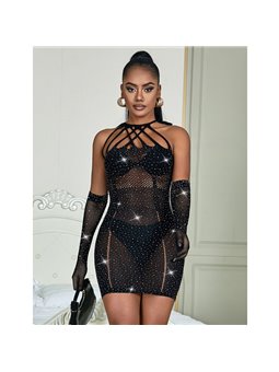 Subblime 952235 - Abito a Rete con Strass e Guanti Neri Taglia Unica