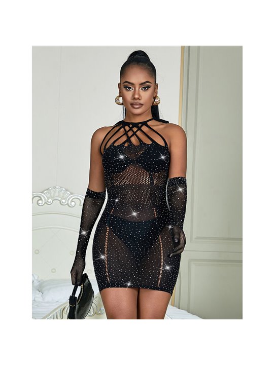 Subblime - 952235 Fishnet Bodystocking With Rhinestones And Black Gloves One Size