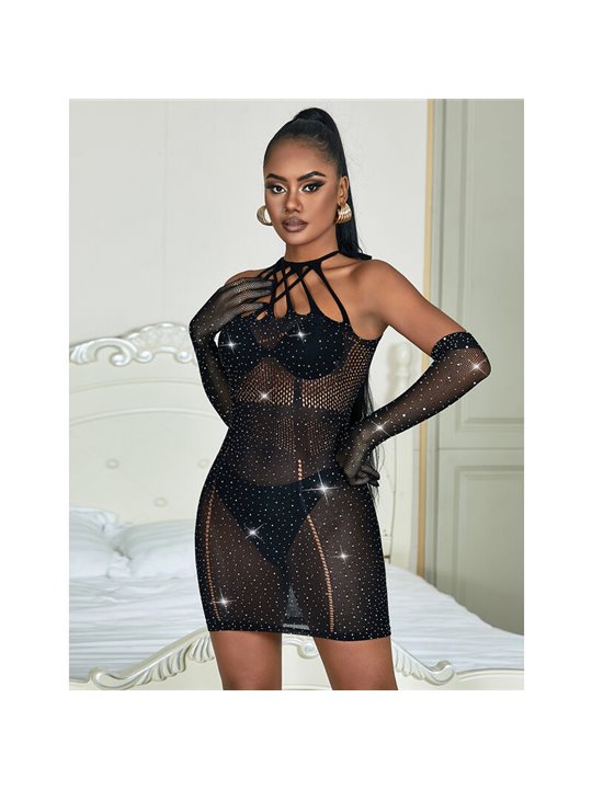 Subblime - 952235 Fishnet Bodystocking With Rhinestones And Black Gloves One Size