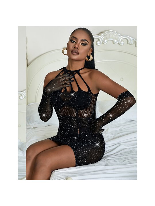 Subblime - 952235 Fishnet Bodystocking With Rhinestones And Black Gloves One Size