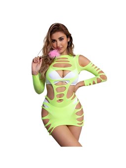 Subblime - 952280 Green Long Sleeve Elastic Fishnet Bodystocking One Size
