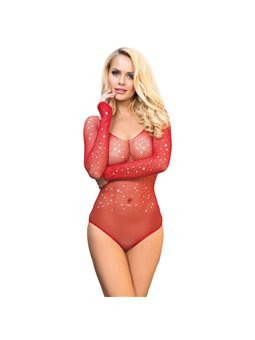 Subblime - 952303 Shiny Grill Bodystocking With Off Shoulders Long Sleeve Red One Size
