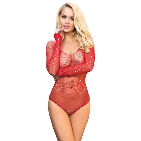 Subblime - 952303 Shiny Grill Bodystocking With Off Shoulders Long Sleeve Red One Size