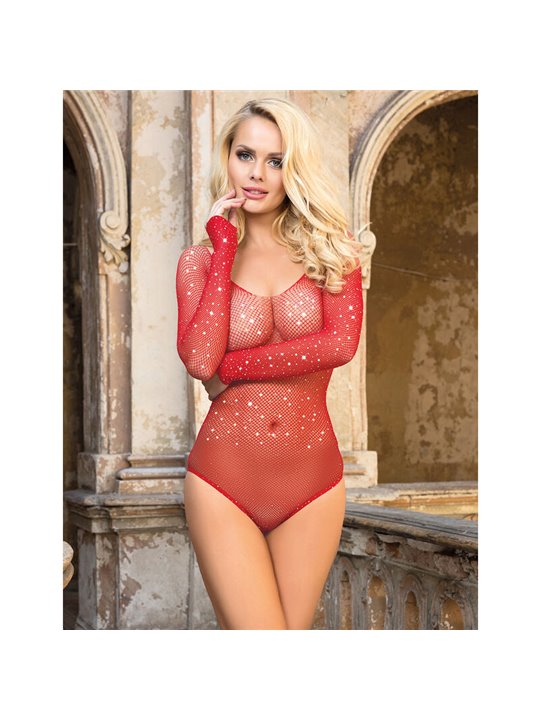 Subblime - 952303 Shiny Grill Bodystocking With Off Shoulders Long Sleeve Red One Size