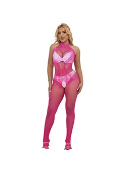 Subblime - 952389 Fishnet And Lace Crotchless Bodystocking With High Neck Pink One Size