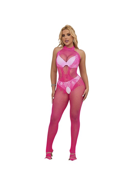 Subblime - 952389 Fishnet And Lace Crotchless Bodystocking With High Neck Pink One Size