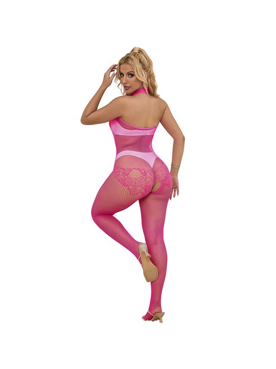 Subblime - 952389 Fishnet And Lace Crotchless Bodystocking With High Neck Pink One Size
