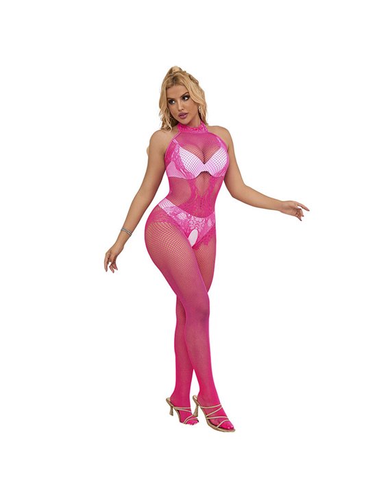 Subblime - 952389 Fishnet And Lace Crotchless Bodystocking With High Neck Pink One Size