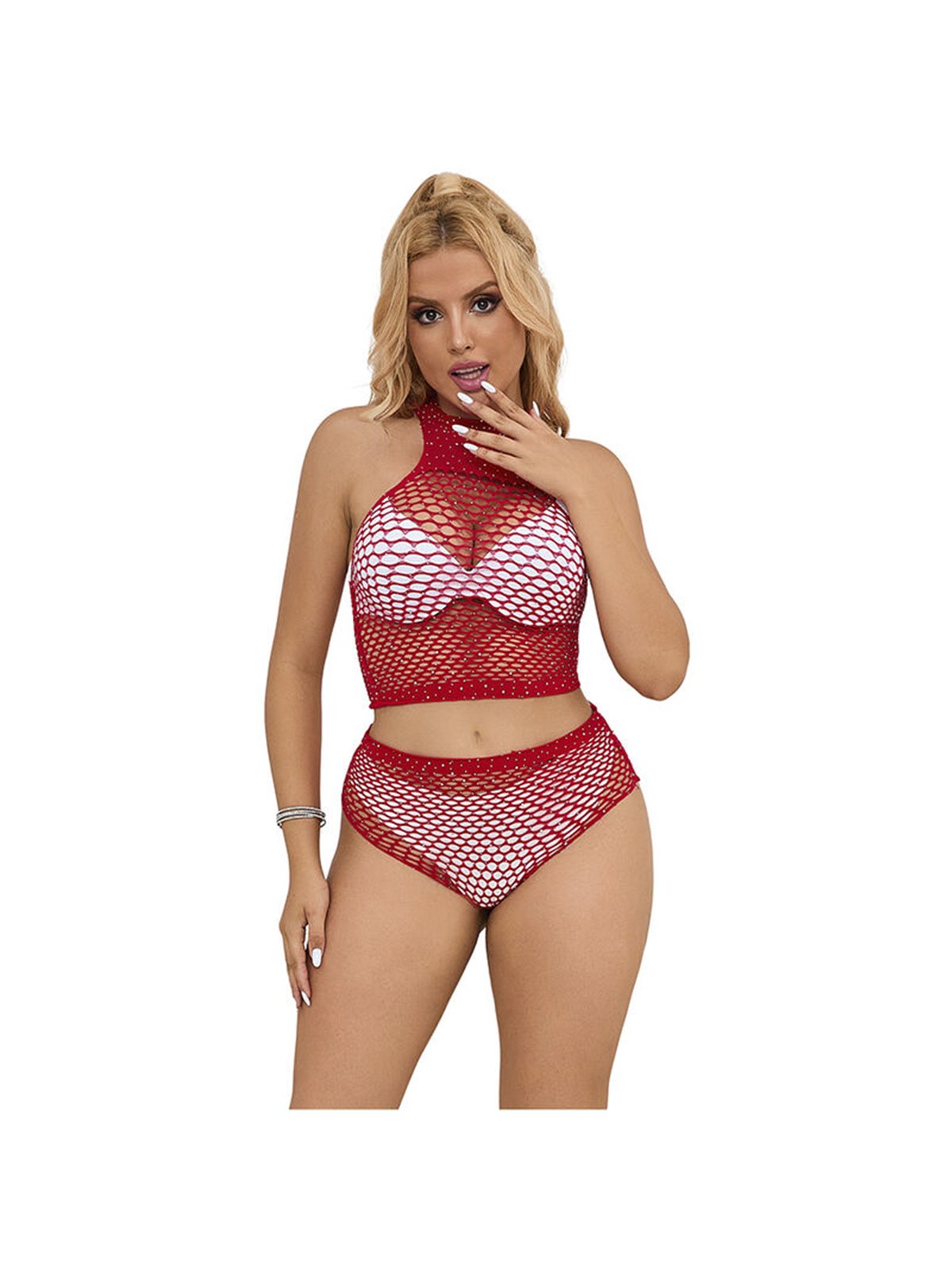 Subblime 952402 - Body a Rete 2 Pezzi con Strass Taglia Unica Rosso