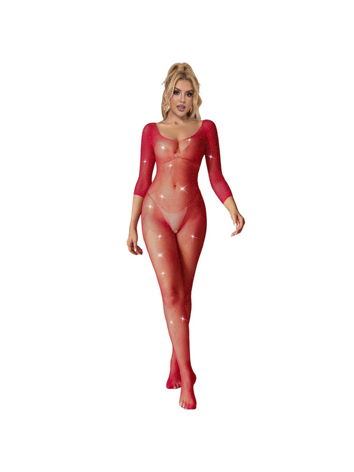 Subblime - 952419 Fishnet Bodystocking With Diamonds Long Sleeve Red One Size