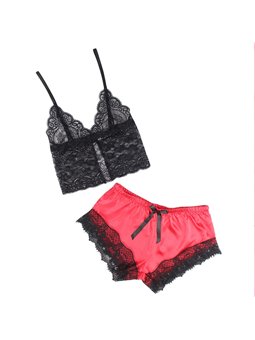 Subblime - 953959 Casual Silk Nightgown + Lace Pants Black/Red S/M