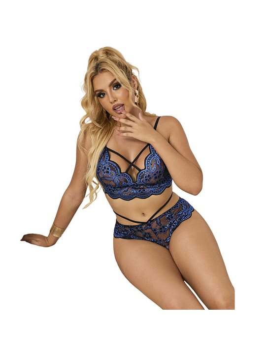 Subblime 954062 - Completo Intimo Reggiseno + Slip in Pizzo Blu S/M