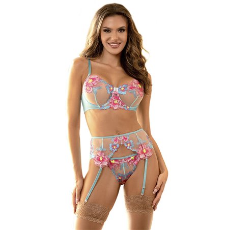 Subblime - 954109 Bra + Panties With Garter Belt Floral Design Blue S/M
