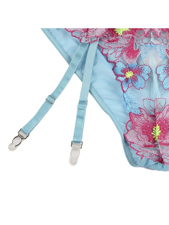 Subblime 954109 - Reggiseno + Slip + Reggicalze Floreale Blu S/M