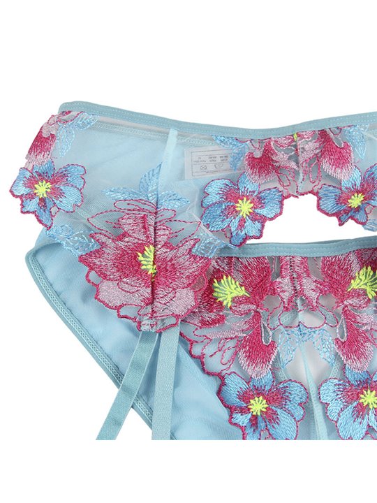 Subblime - 954109 Bra + Panties With Garter Belt Floral Design Blue S/M