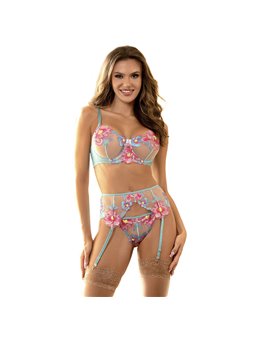 Subblime - 954116 Bra + Panties With Garter Belt Floral Design Blue L/Xl