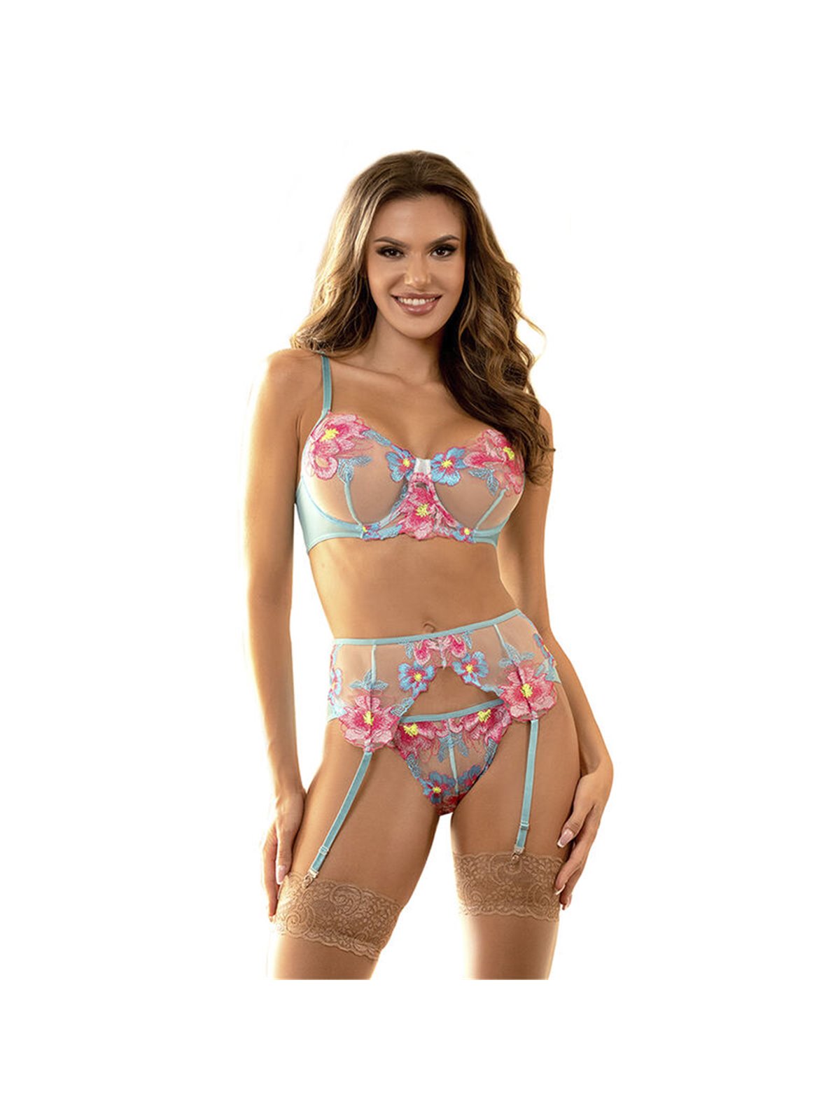 Subblime 954116 - Reggiseno + Slip + Reggicalze Floreale Blu L/XL