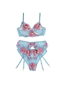 Subblime 954116 - Reggiseno + Slip + Reggicalze Floreale Blu L/XL