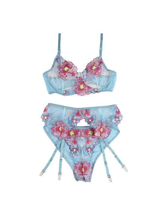 Subblime 954116 - Reggiseno + Slip + Reggicalze Floreale Blu L/XL