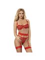 Subblime - 954338 Heart Print Bra + Thong + Garter Belt Red L/Xl
