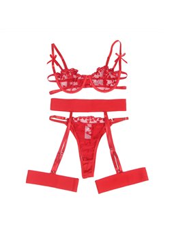 Subblime - 954338 Heart Print Bra + Thong + Garter Belt Red L/Xl