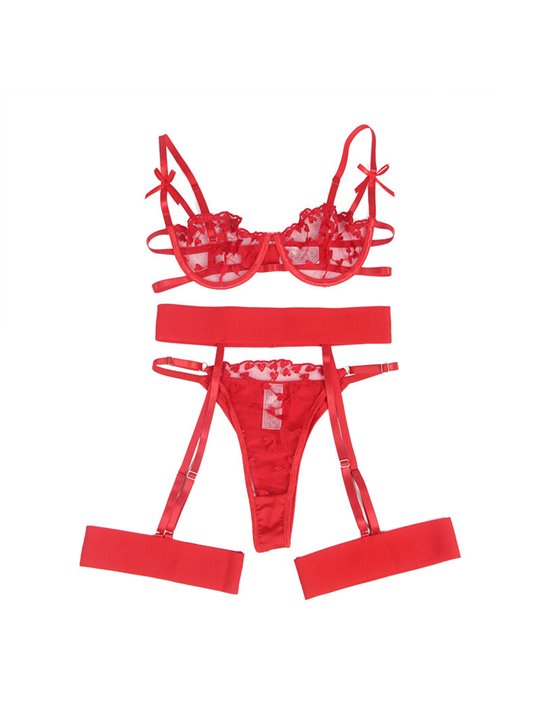 Subblime - 954338 Heart Print Bra + Thong + Garter Belt Red L/Xl