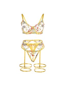 Subblime 954345 - Completo Intimo 3 Pezzi in Pizzo Floreale Giallo S/M