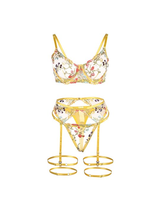 Subblime - 954345 Bra + Thong + Garter Belt Floral Design Yellow S/M