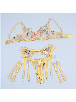 Subblime - 954345 Bra + Thong + Garter Belt Floral Design Yellow S/M