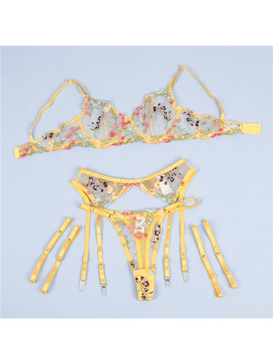 Subblime 954345 - Completo Intimo 3 Pezzi in Pizzo Floreale Giallo S/M